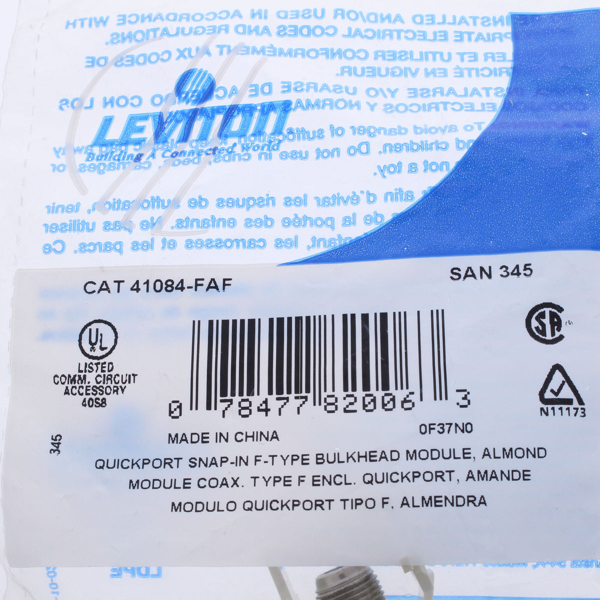 Leviton 41084-FAF Almond Quickport Snap-In F-Type Coaxial Cable Jack 75-Ohm