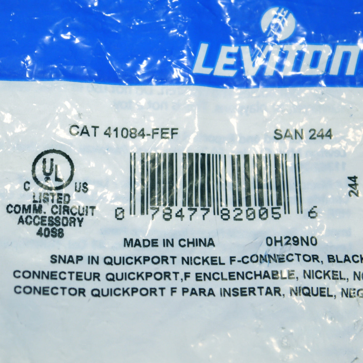 Leviton Black Quickport F-Type Coax Cable Jack 75-Ohm w/ Blue Center 41084-FEF