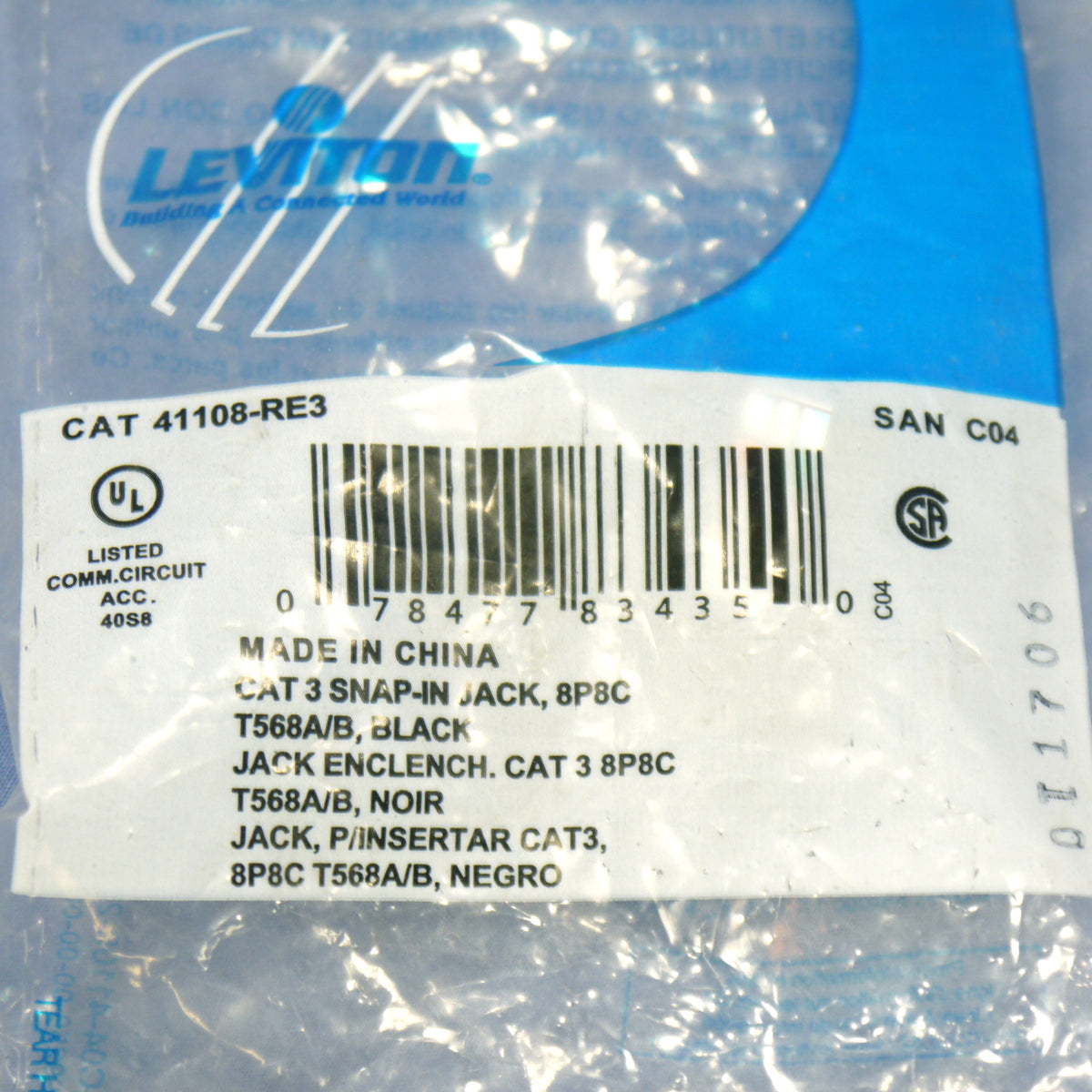 Leviton Black Cat 3 Snap-In Quickport Jack Cat3 RJ45 Telephone 8-Wire 41108-RE3