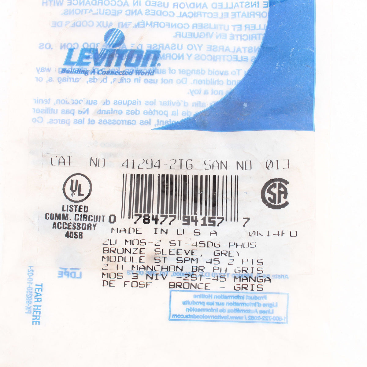 Leviton 41294-2TG Gray MOS Duplex ST Fiber Optic 45° Coupling Jack 1.5 Module