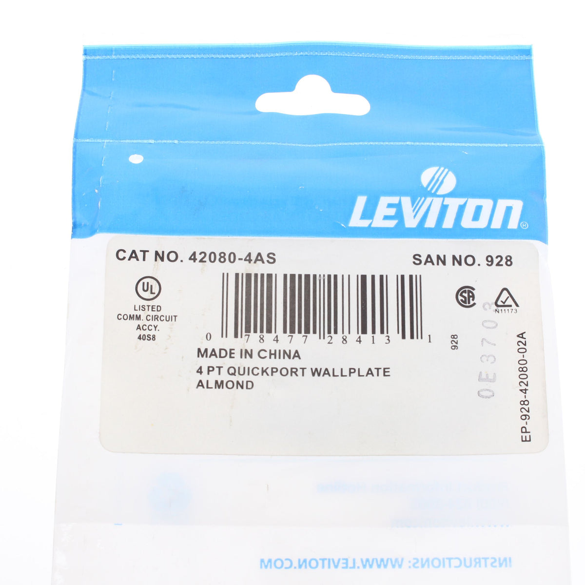 Leviton 42080-4AS Almond 1-Gang Quickport 4-Port ID Window Flush Nylon Wallplate