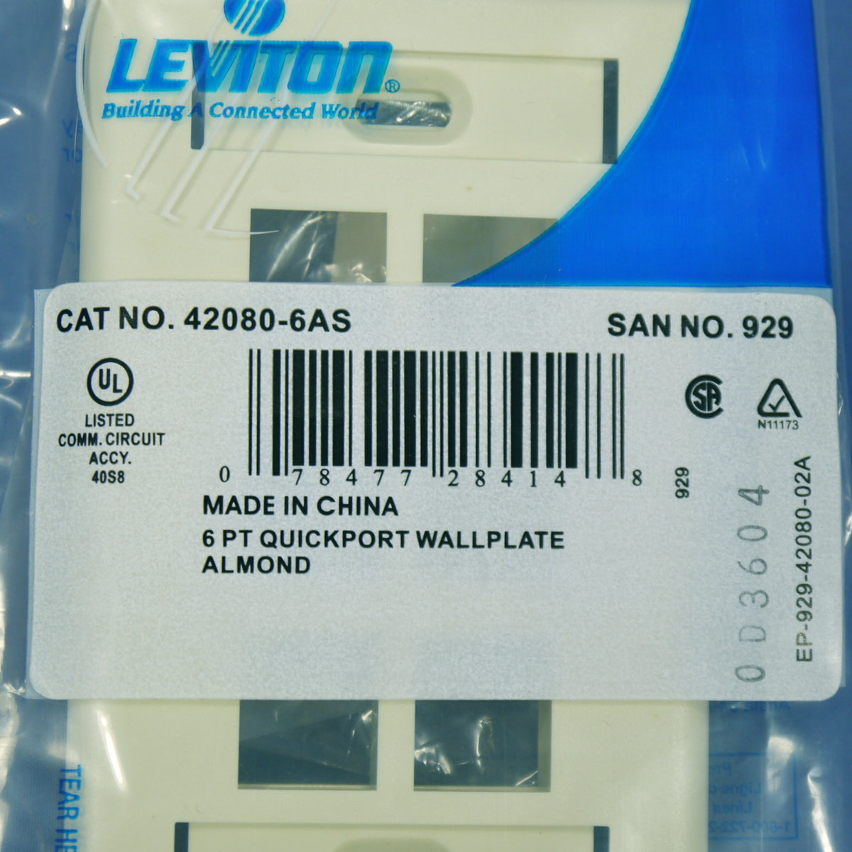 Leviton Almond Quickport 6-Port ID Window Flush Wallplate 1-Gang Cover 42080-6AS