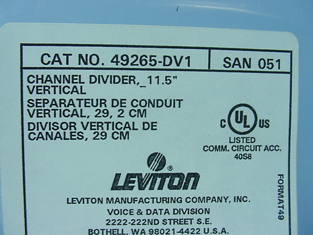 Leviton 49265-DV1 Black Versi-Duct Fiber Patch Cable Vertical Channel Divider