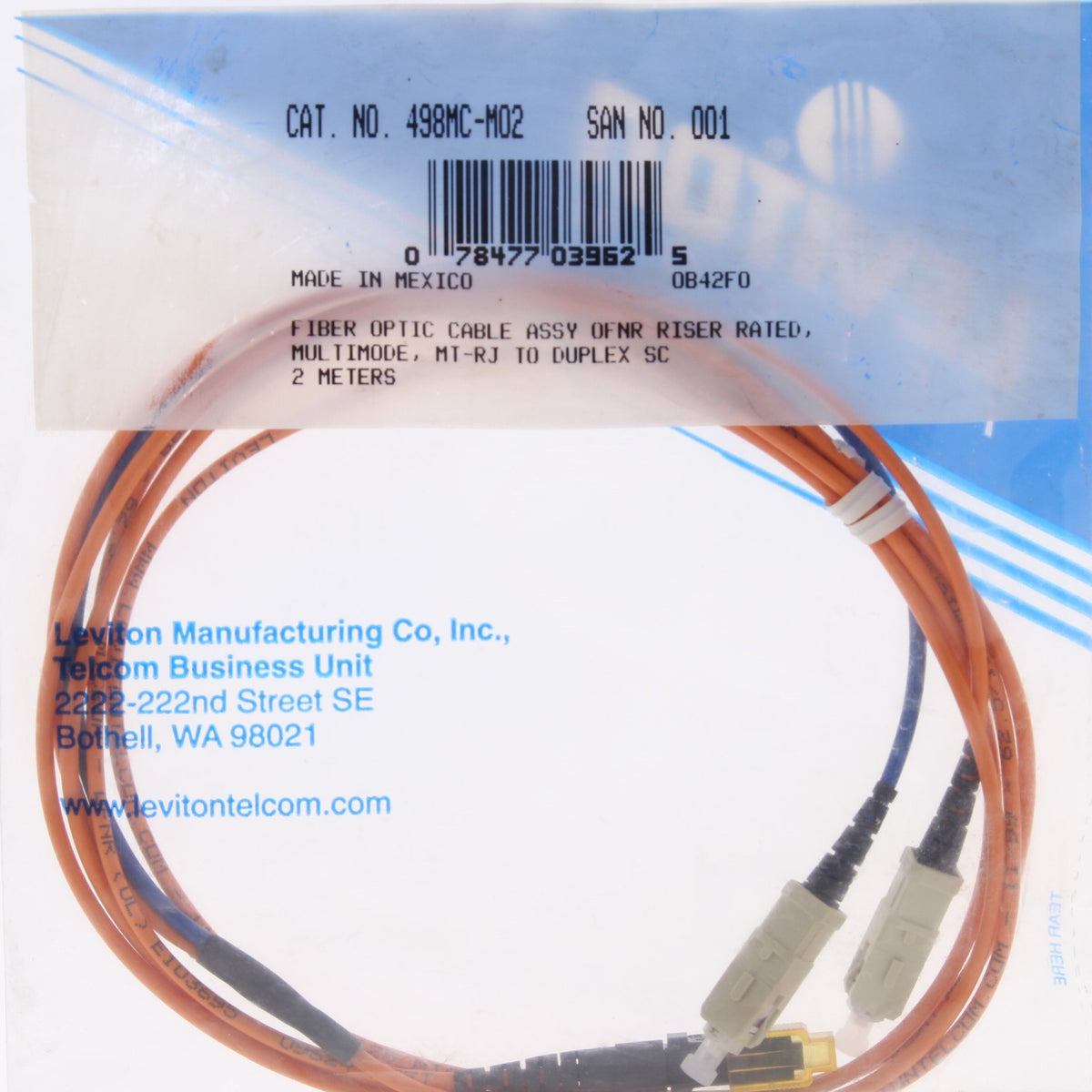 2M Fiber Optic Uplink Multi-Mode Duplex Patch Cable Cord MT-RJ DX-SC 498MC-M02