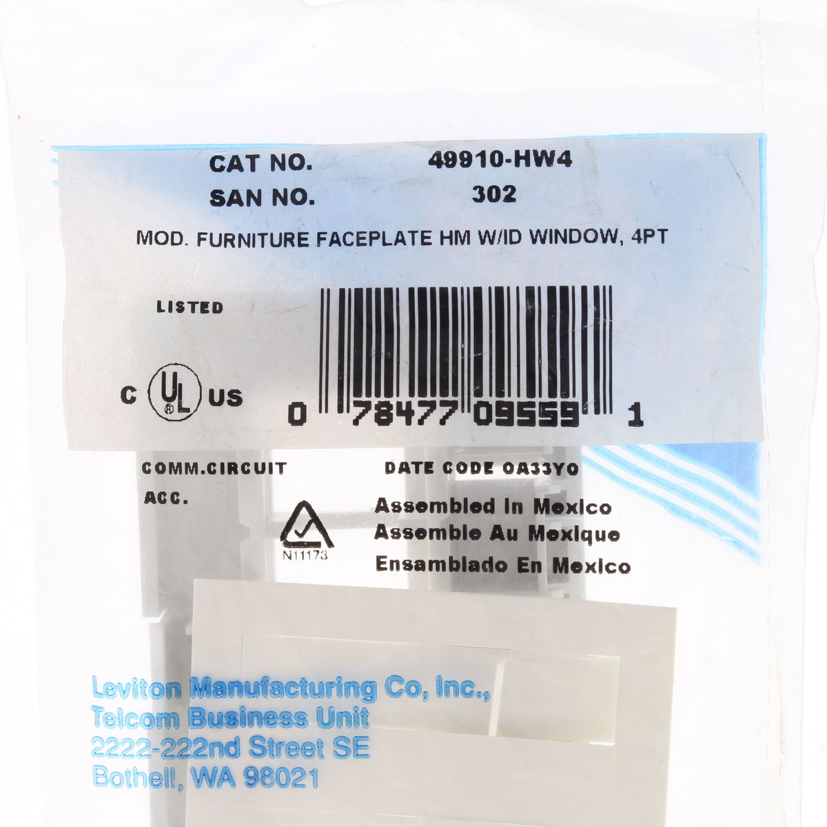 Leviton 49910-HW4 White 4-Port Quickport Jack Cubicle Modular Furniture Cover