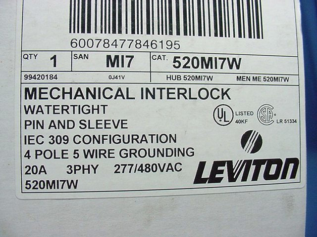 Leviton Pin Sleeve Non-Fused Mechanical Interlock Power Switch Panel 20A 520MI7W