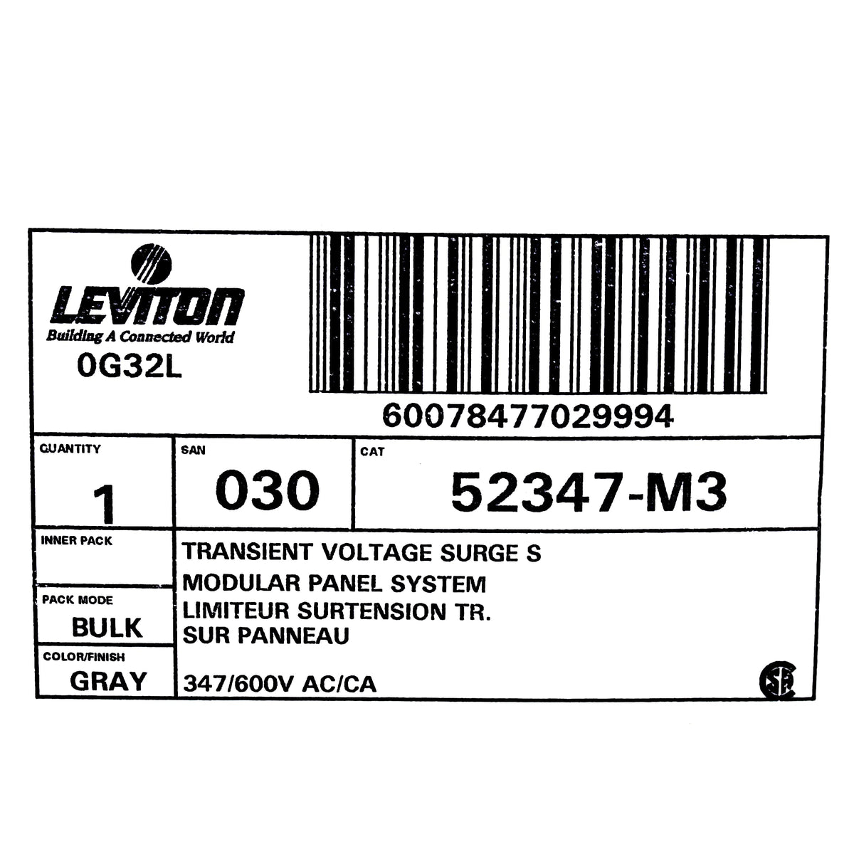 Leviton 52347-M3 3-Phase Surge Suppressor Protector Panel WYE 3ØY 347/600V