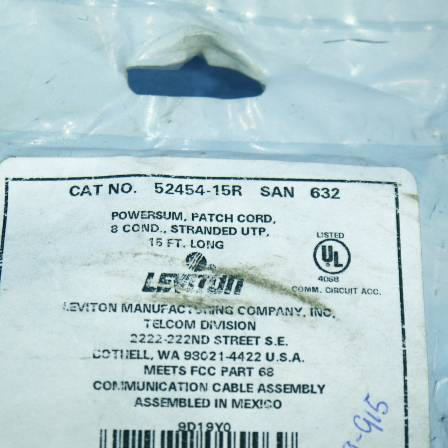 Leviton 52454-15R Blue Cat5 15ft Ethernet Cable Data Center Patch Cord Network