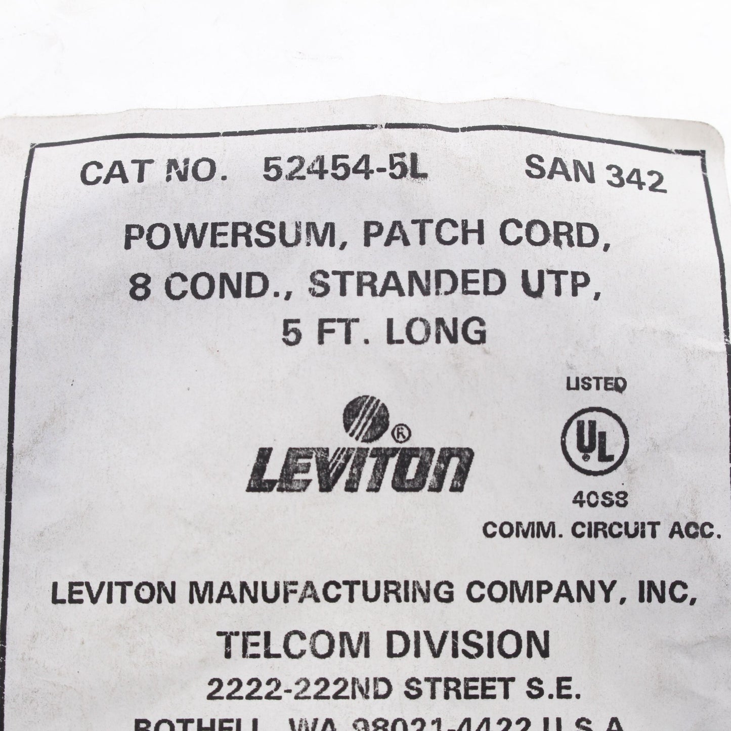 Leviton 52454-5L Blue Cat5 5ft Ethernet Cable LAN Data Center Patch Cord Network