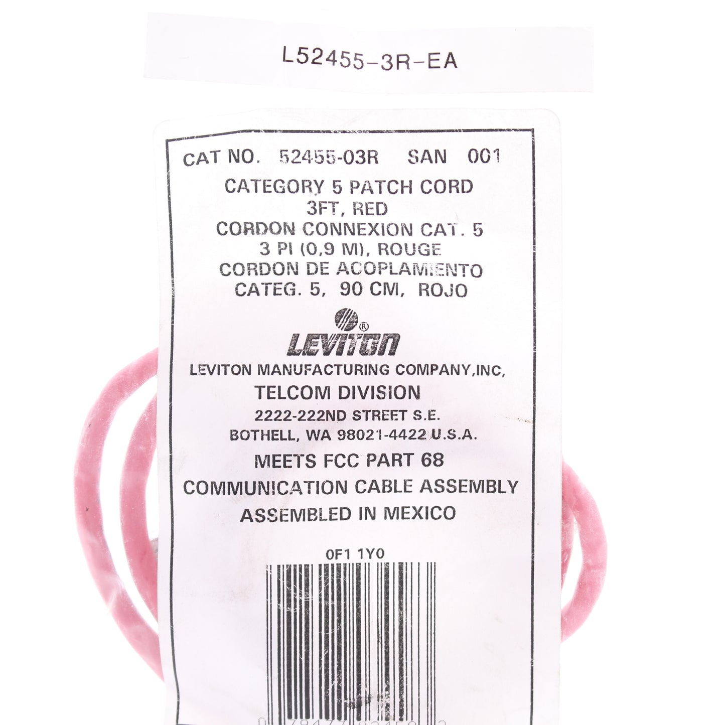 Leviton Red Cat 5 3 Ft Ethernet LAN Patch Cord Network Cable 52455-3R