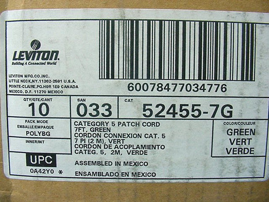10 Leviton Green Cat 5 7 Ft Ethernet LAN Patch Cords Network Cables 52455-7G