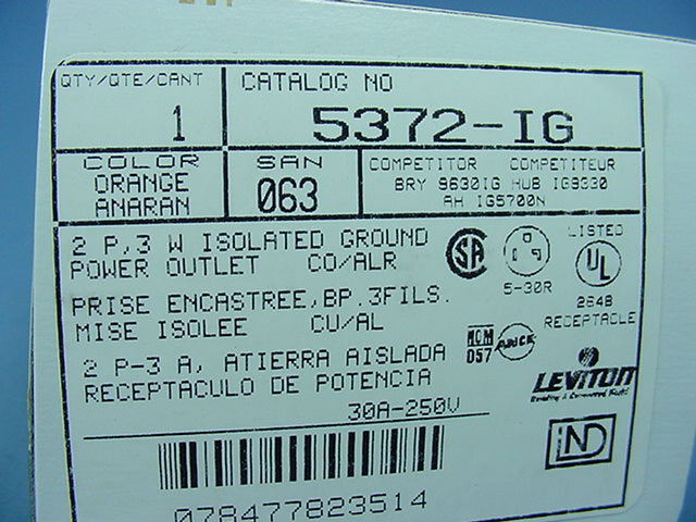 Leviton 5372-IG Isolated Ground 30A Straight Blade Receptacle 6-30R 250V Boxed