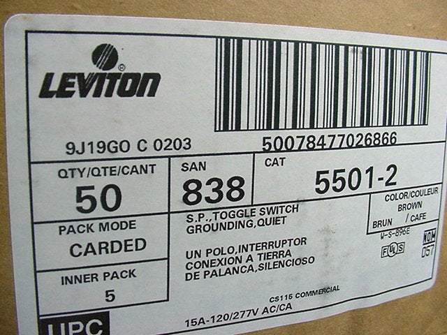 Leviton 5501-2 Brown Commercial Single Pole Toggle Wall Light Switches 15A 50pcs