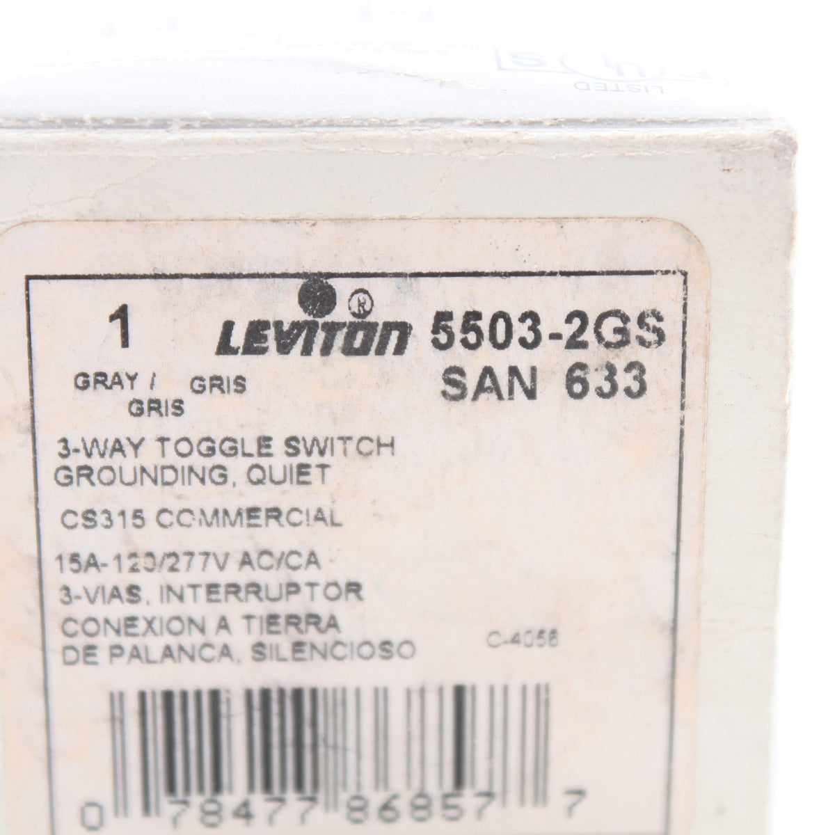 Leviton Gray COMMERCIAL 3-Way Toggle Wall Light Switch 15A 120/277VAC 5503-2GS