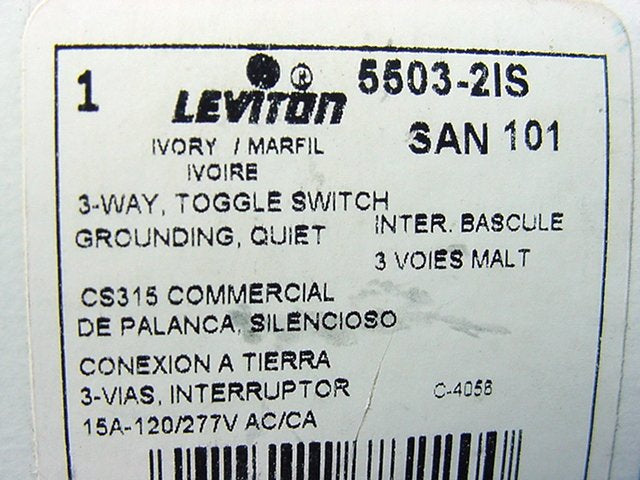 Leviton 5503-2I Ivory Commercial Grade 3-Way Toggle Light Switch Control 15A