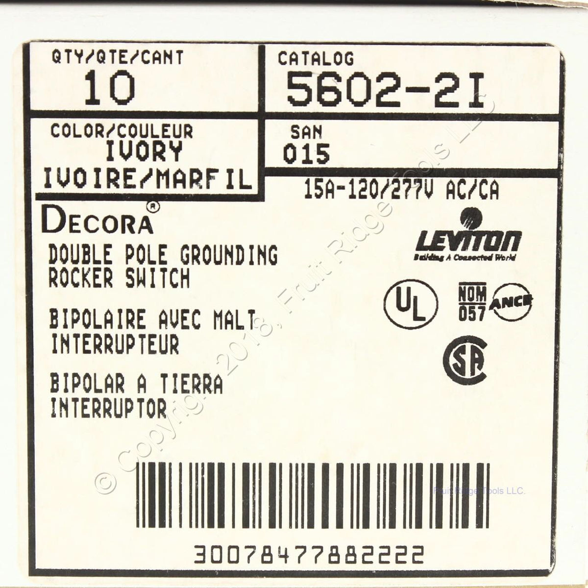 Leviton 5602-2I Ivory Double Pole Decora Rocker Light Switch 15A 120/277VAC 10pc