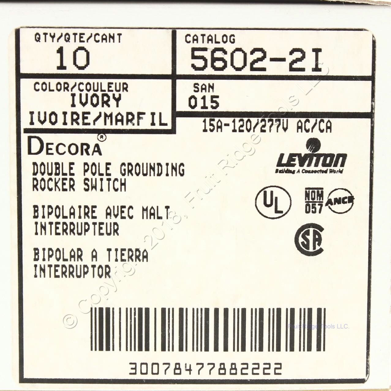 Leviton 5602-2I Ivory Double Pole Decora Rocker Light Switch 15A 120/277VAC 10pc