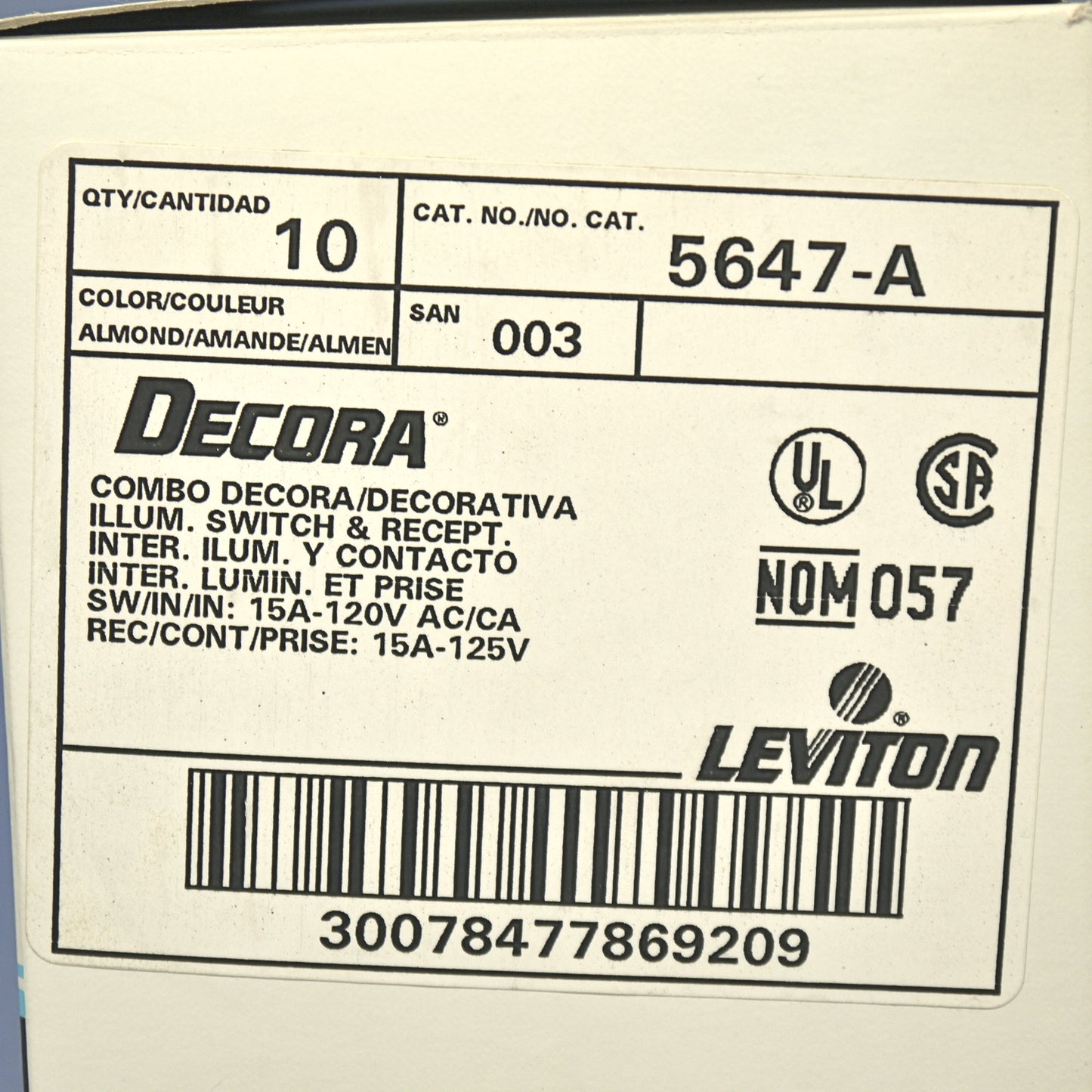 Leviton 5647-A Almond Decora Lighted Rocker Switch Receptacle Outlet 15A 10-Pack