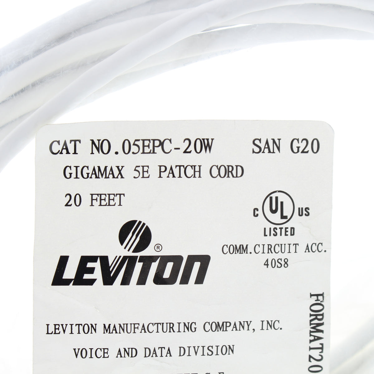Leviton 5EPC-20W 20' White Gigamax Cat 5E Voice Patch Cable 20 Feet Network Cord