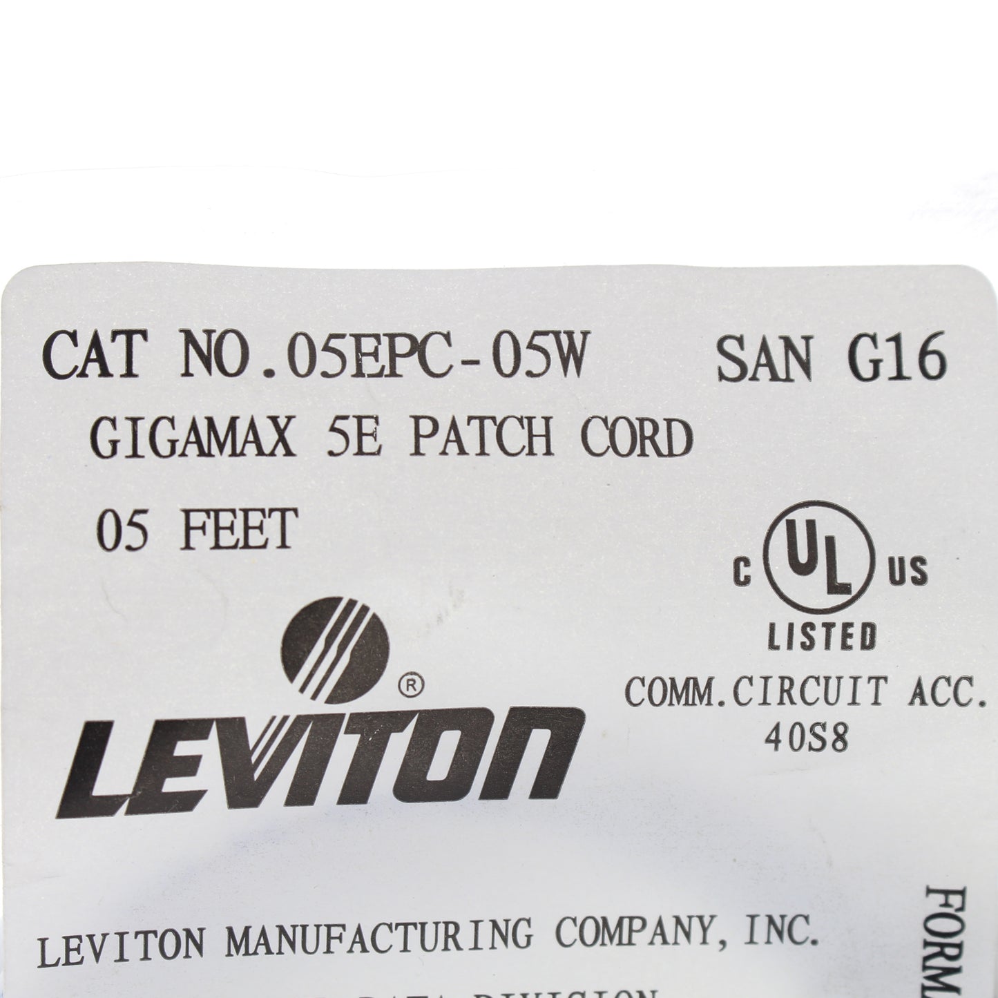 Leviton 05EPC-5W 5' White Gigamax Cat 5E Patch Cable 5 Feet Network Cord