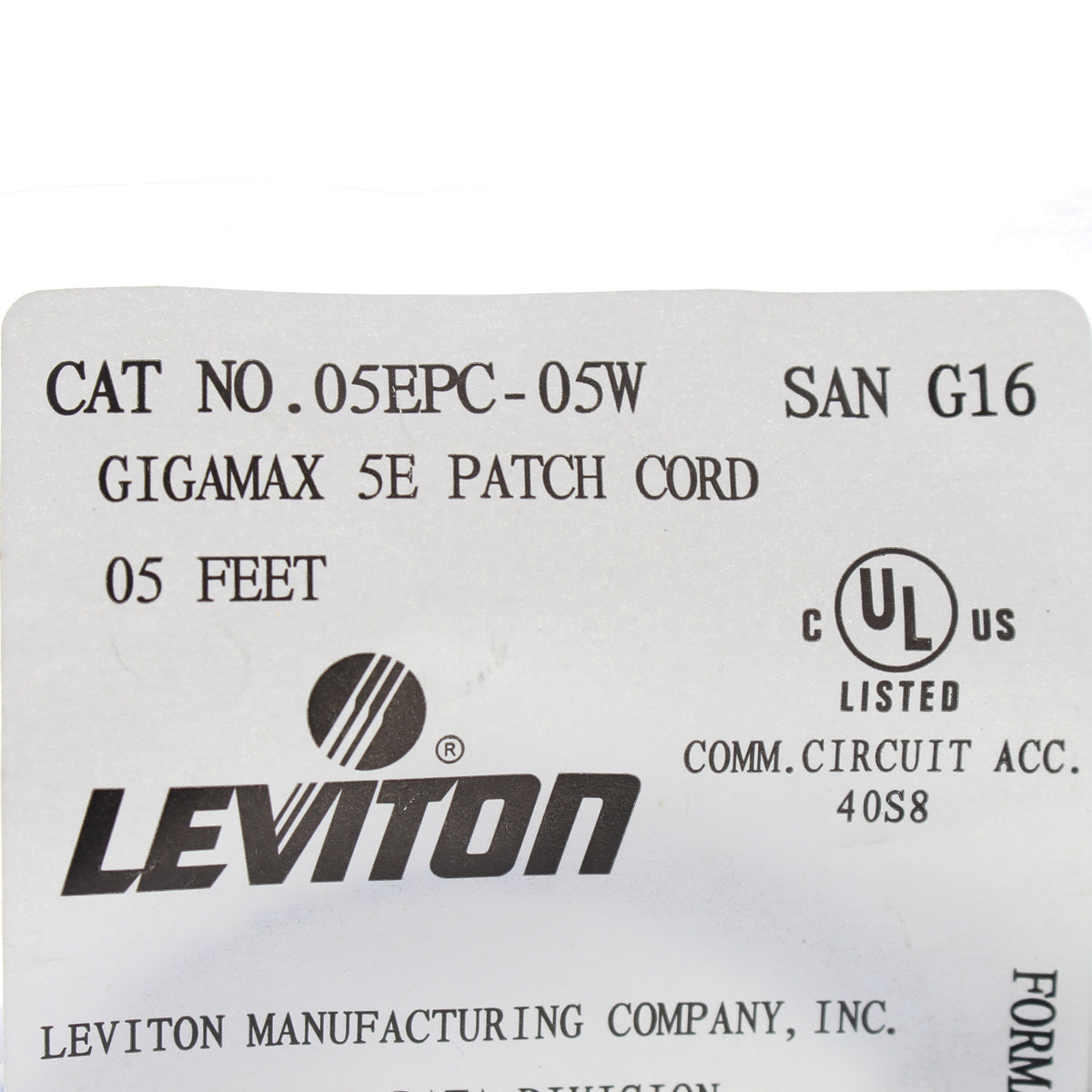 Leviton 05EPC-5W 5' White Gigamax Cat 5E Patch Cable 5 Feet Network Cord