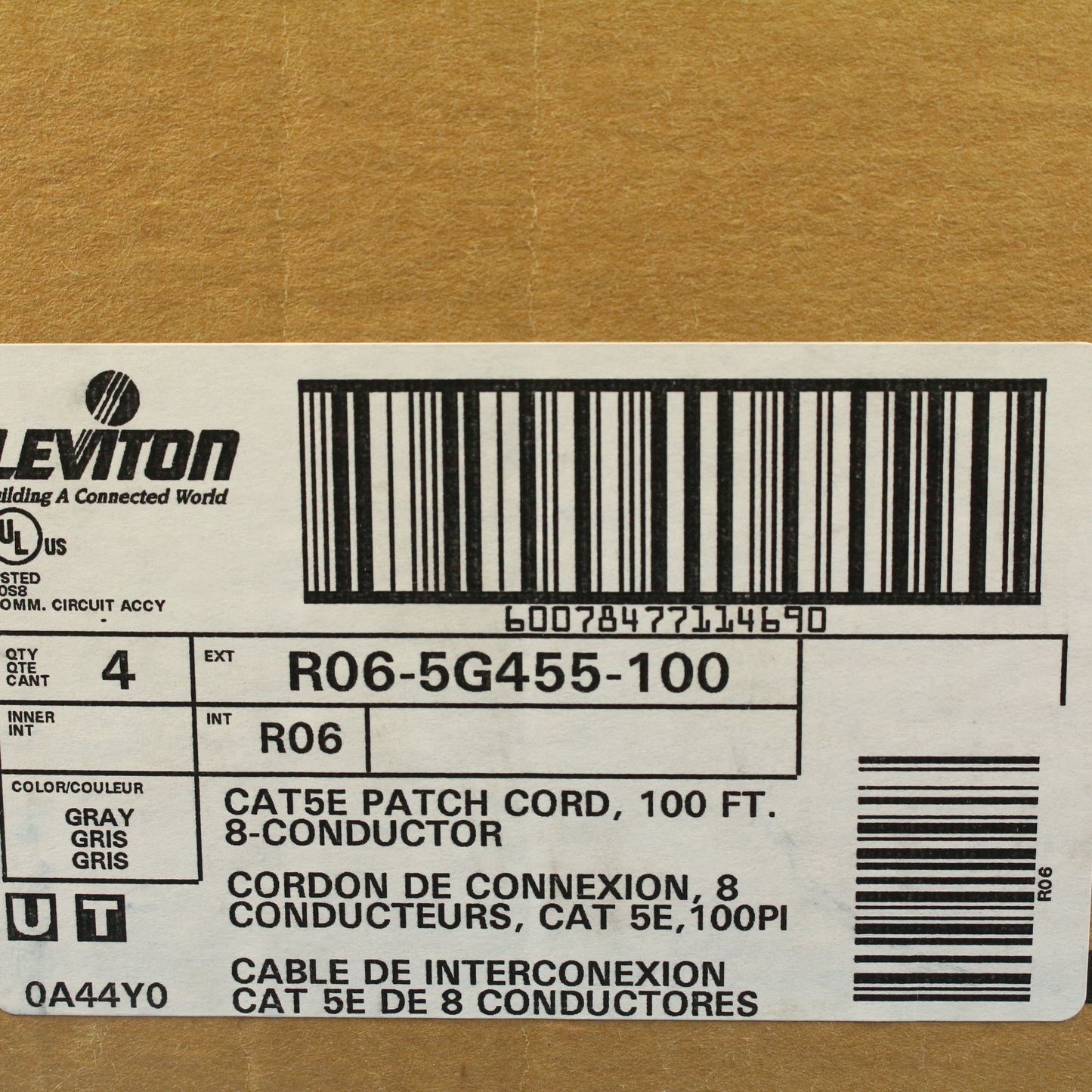 Leviton 5G455-100G Gray Cat5e 100ft Ethernet Cable Patch Cords Network 4-Pack