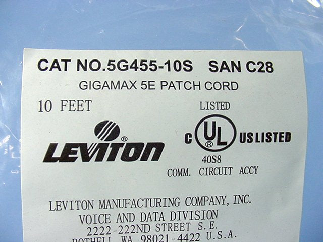 Leviton 5G455-10S Gray Cat5e 10ft Ethernet Cable Data Patch Cord Network Booted