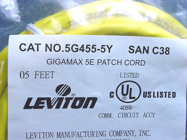 Leviton 5G455-5Y Yellow Cat5e 5ft Ethernet Cable Data Patch Cord Network Booted