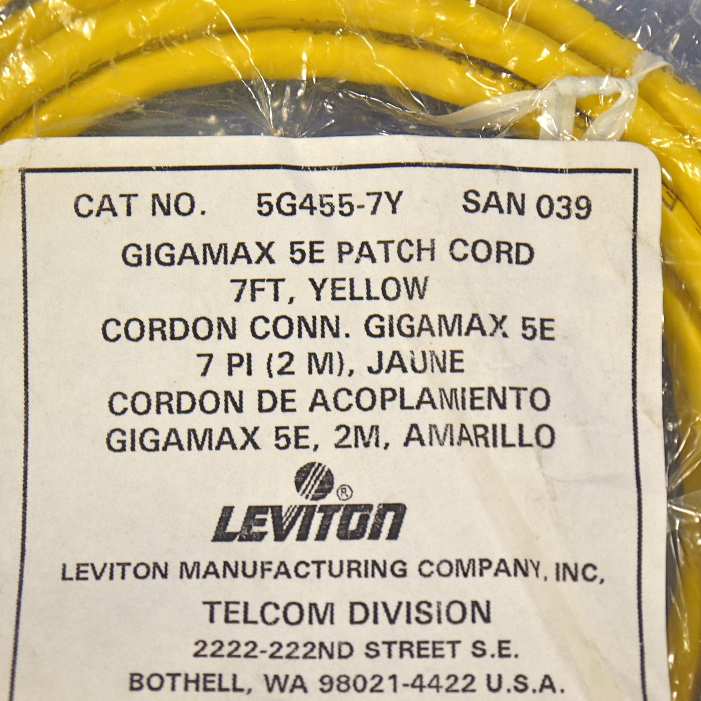 Leviton 5G455-7Y Yellow Cat5e 7ft Ethernet Cable Data Patch Cord Network Booted