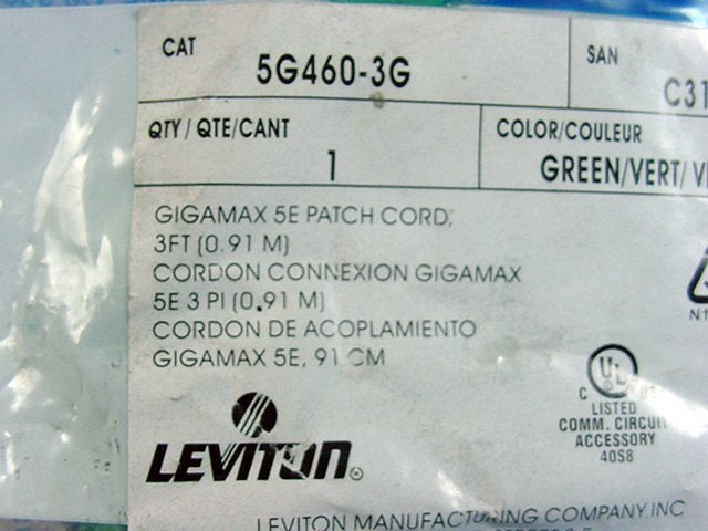 Leviton 5G460-3G Green Cat5e 3ft Ethernet Cable Data Patch Cord Network Booted