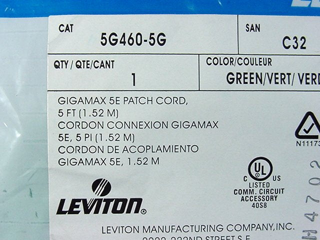 Leviton 5G460-5G Green Cat5e 5ft Ethernet Cable Data Patch Cord Network Booted