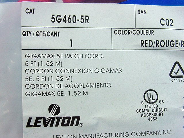 Leviton 5G460-5R Red Cat5e 5ft Ethernet Cable LAN Data Patch Cord Network Booted