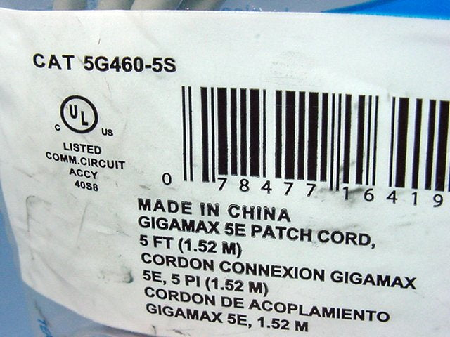 Leviton 5G460-5S Silver Cat5e 5ft Ethernet Cable Data Patch Cord Network Booted