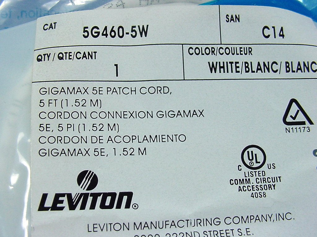 Leviton 5G460-5W White Cat5e 5ft Ethernet Cable Data Patch Cord Network Booted