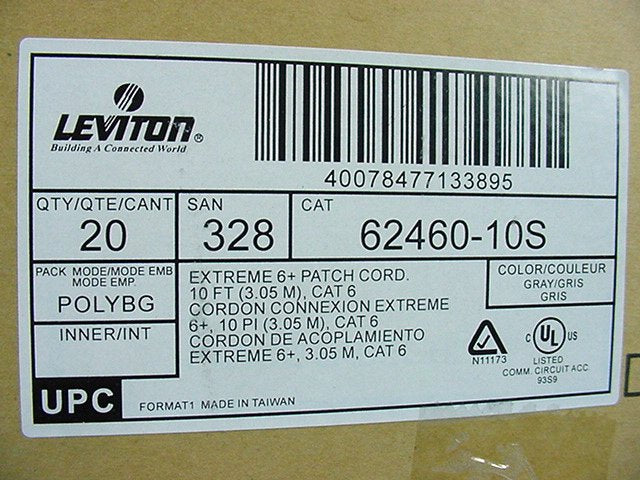 Leviton 62460-10G Gray 10ft Cat6+ Extreme Ethernet Cable Data Patch Cords 20pcs
