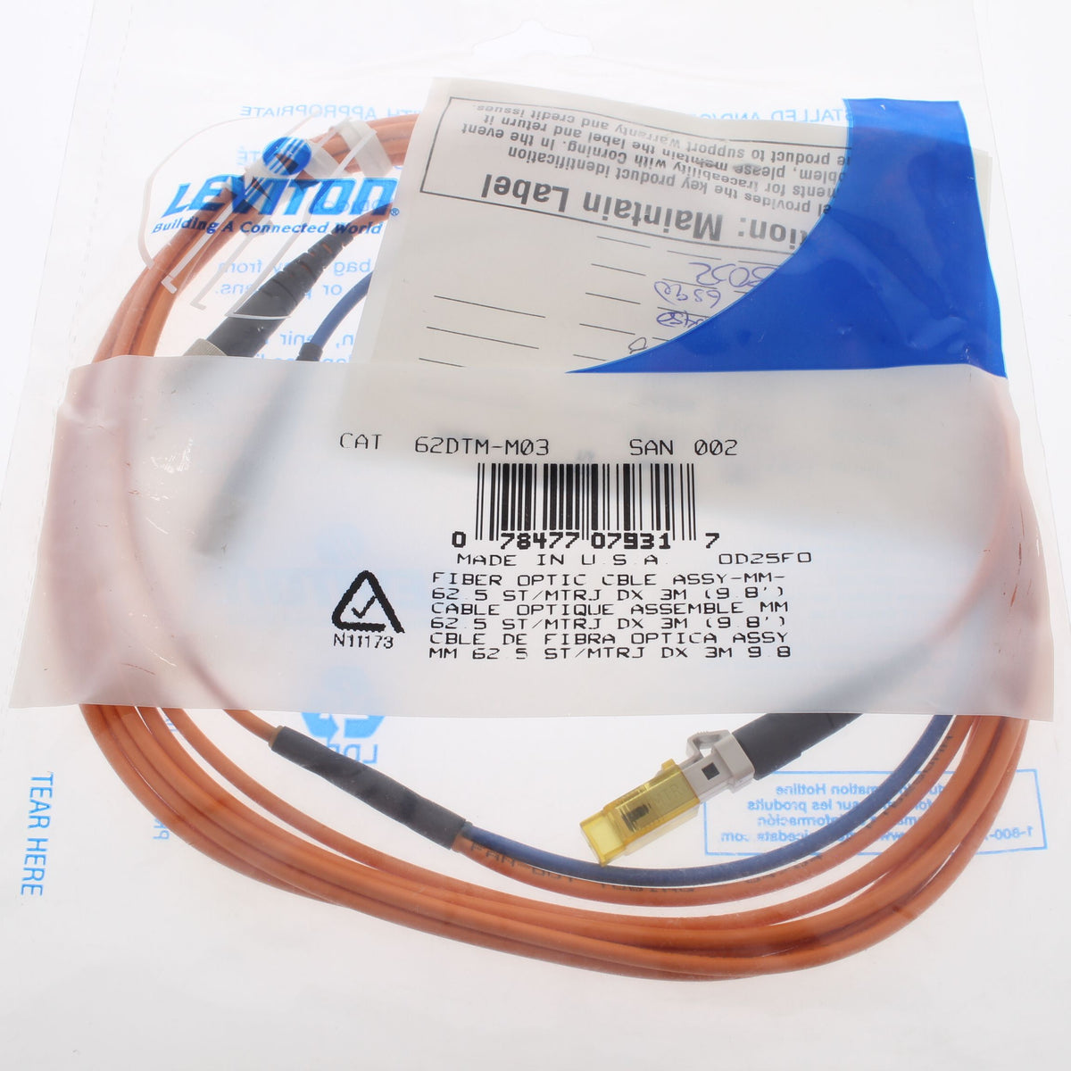 3M Fiber Optic Uplink Multi-Mode Duplex Patch Cable Cord MT-RJ ST 62 62DTM-M03