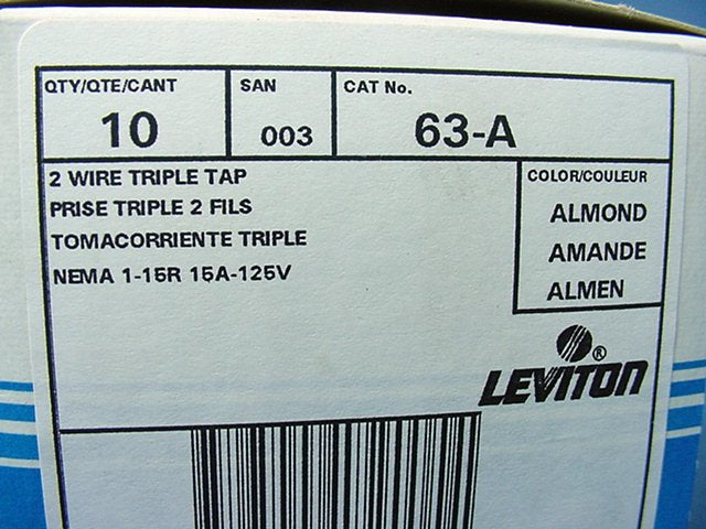 10 Leviton Almond Polarized Triple Tap Outlet Adapters 1-15R 15A 2P2W 125V 63-A