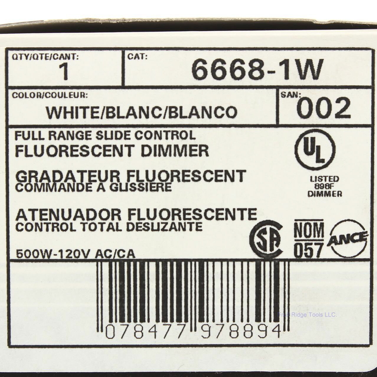 Leviton White 6668-1W Full Range Slide Mark 10 Fluorescent Dimmer 500W-120V AC