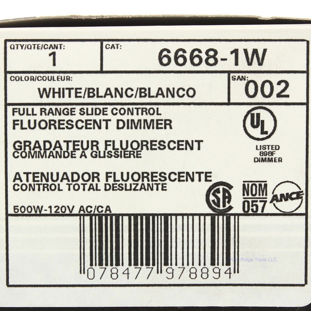 Leviton White 6668-1W Full Range Slide Mark 10 Fluorescent Dimmer 500W-120V AC