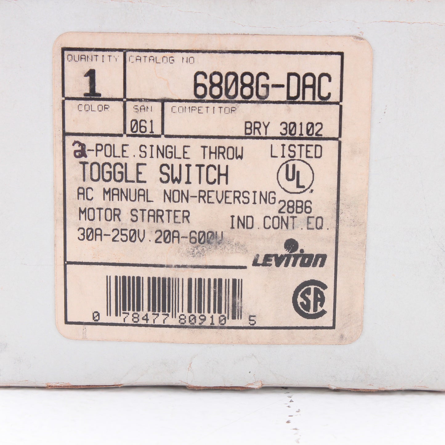 Leviton 6808G-DAC DPST Toggle Switch AC Manual Non-Reversing Motor Switch 30A