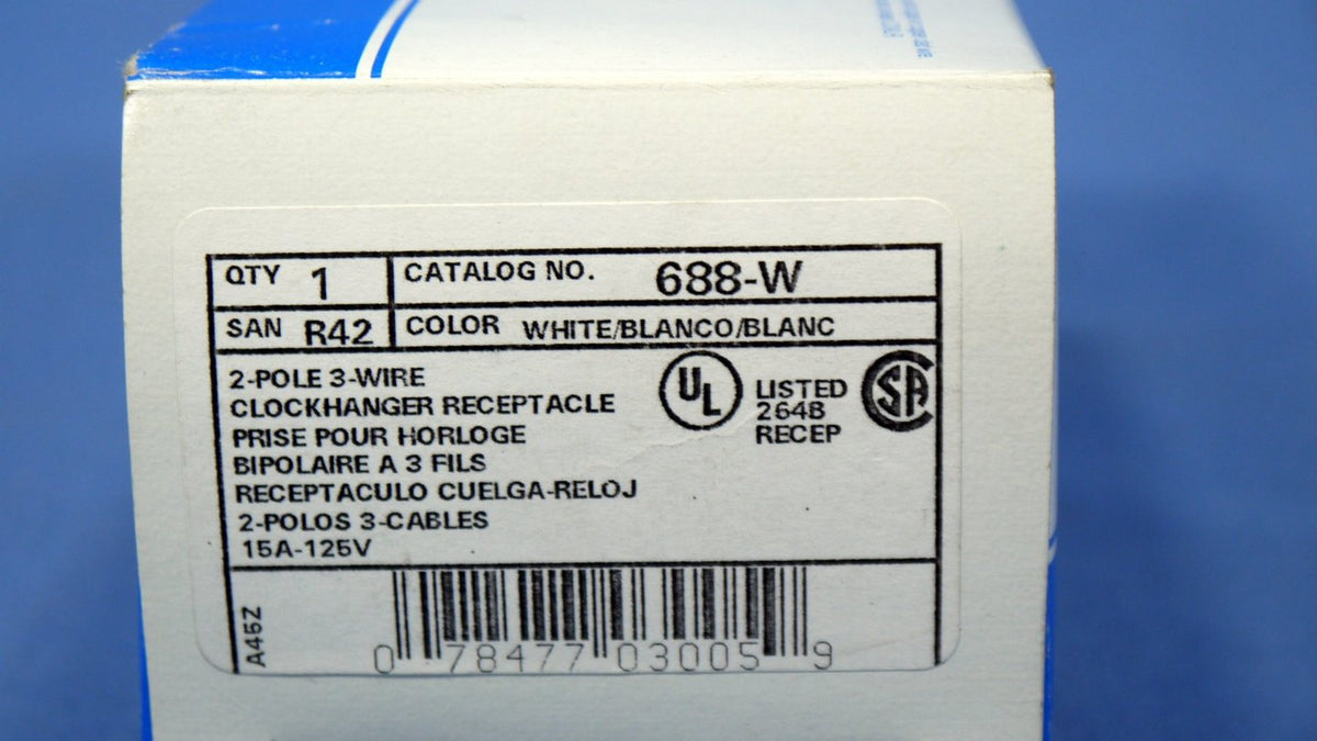 Leviton White Clock Hanger 1" Recessed Depth Outlet Receptacle 15A 5-15R 688-W