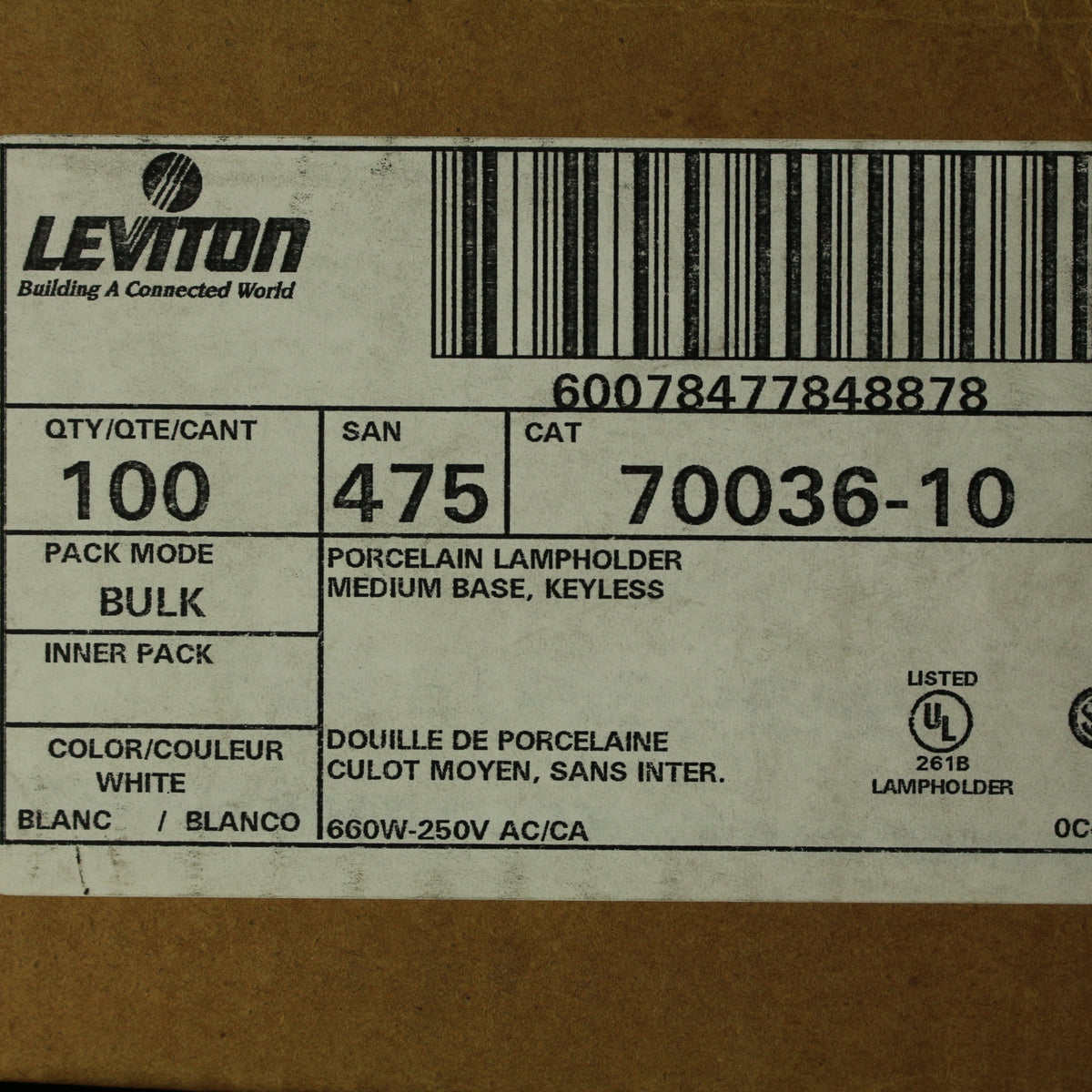 100 Leviton Unglazed Porcelain E26 Light Socket Lampholders 660W 250V 70036-10