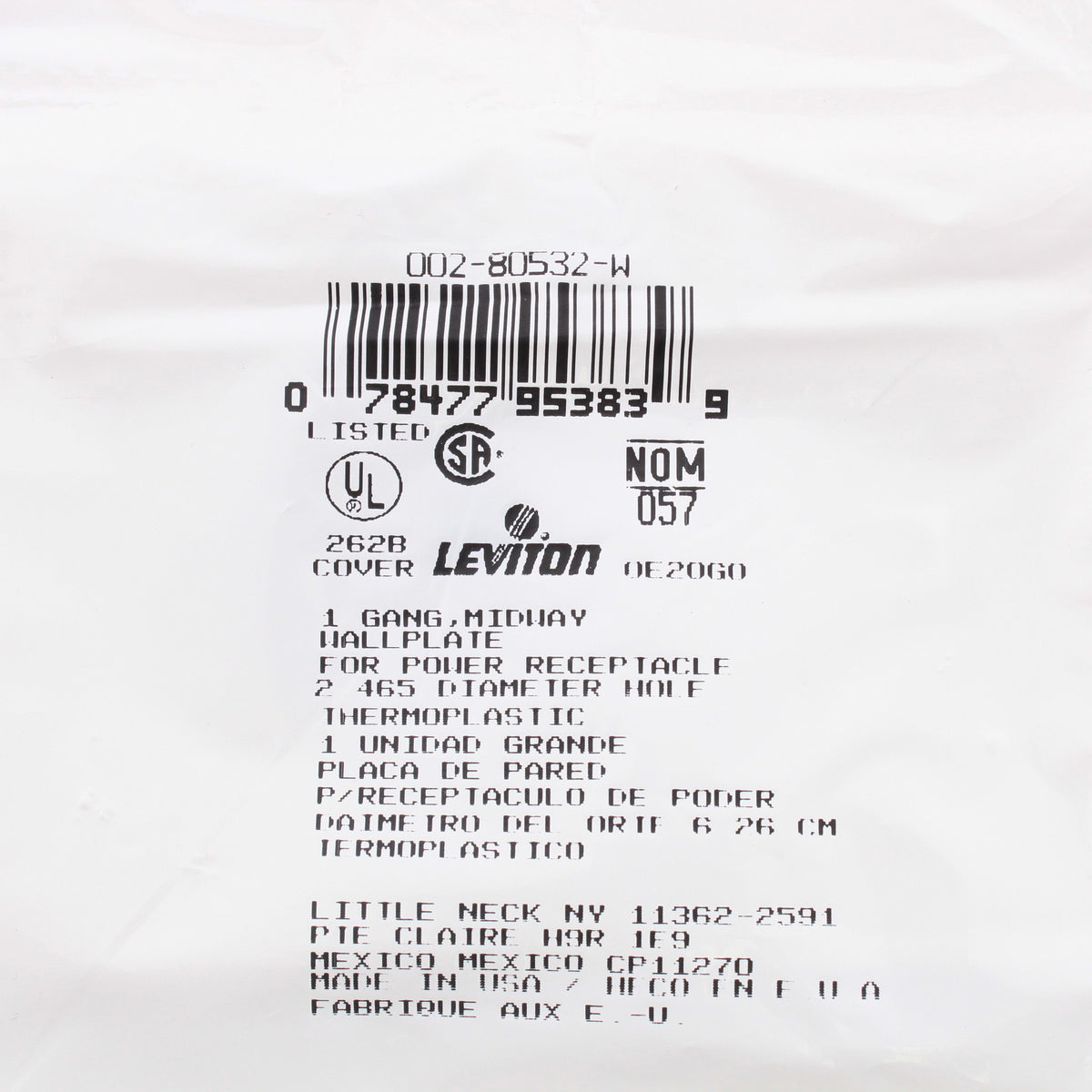 Leviton 80532-W White 1-Gang 1- 2.465in Dia. Outlet Unbreakable Midway Wallplate