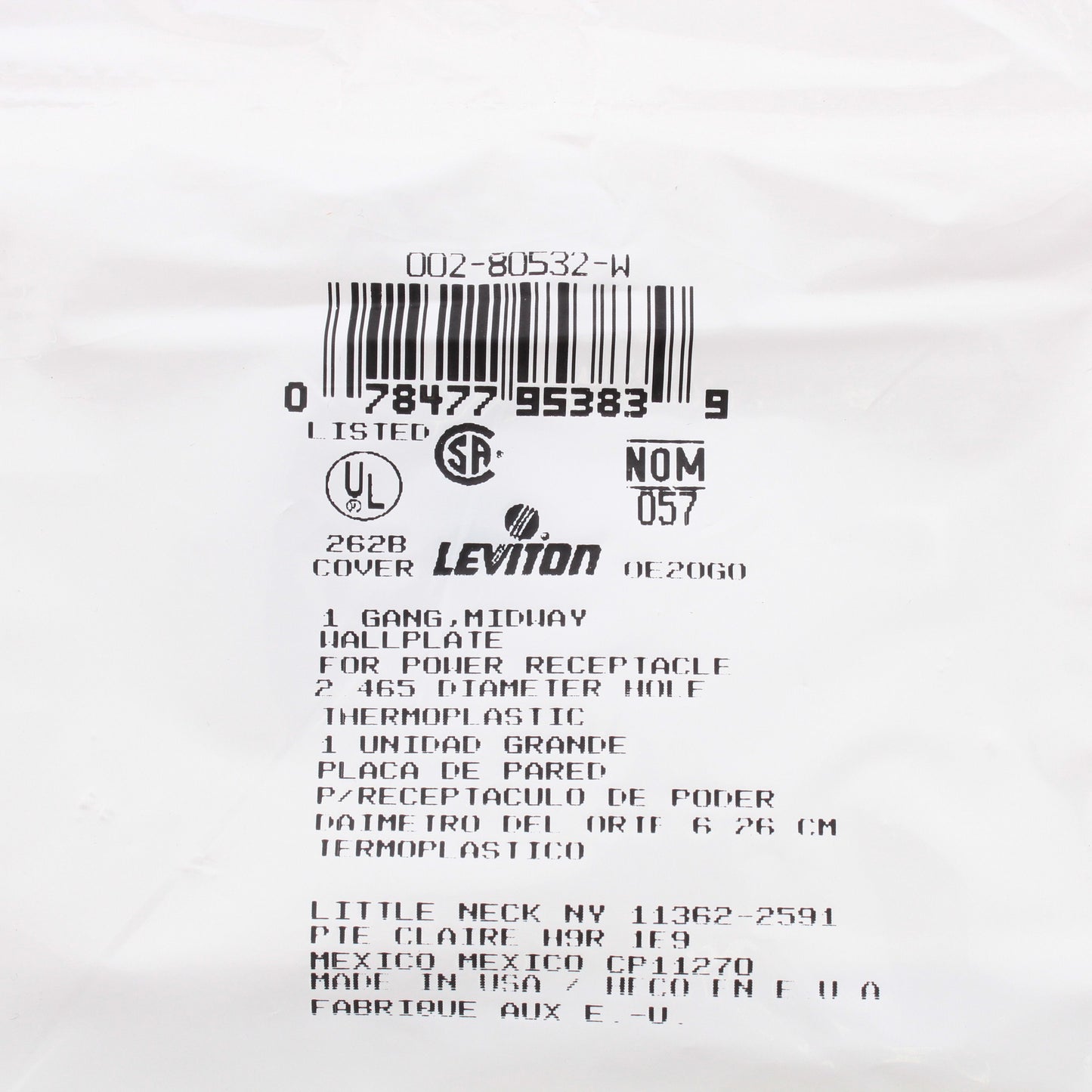 Leviton 80532-W White 1-Gang 1- 2.465in Dia. Outlet Unbreakable Midway Wallplate