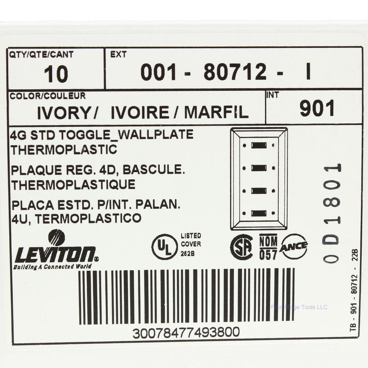 Leviton 80712-I Ivory 4-Gang Toggle Switch Unbreakable Nylon Wallplates 10pcs