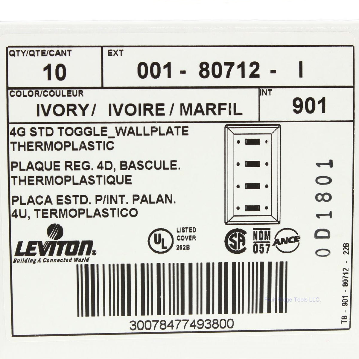 Leviton 80712-I Ivory 4-Gang Toggle Switch Unbreakable Nylon Wallplates 10pcs