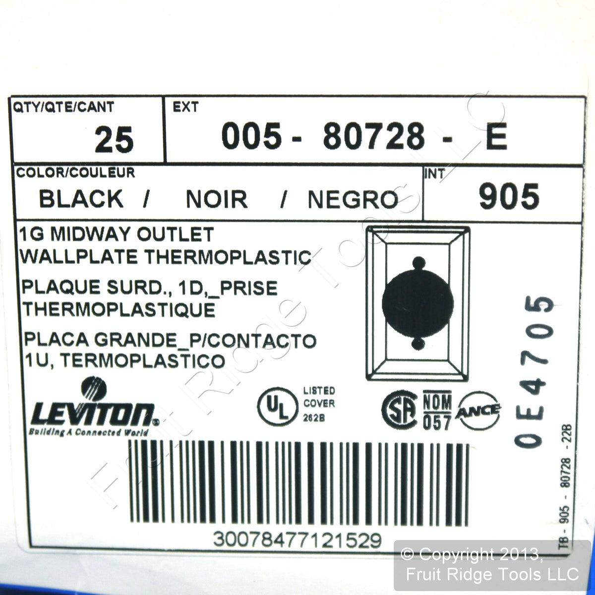 Leviton 80728-E Black 1-Gang Unbreakable Power Outlet 2.15" Midway Covers 25pcs