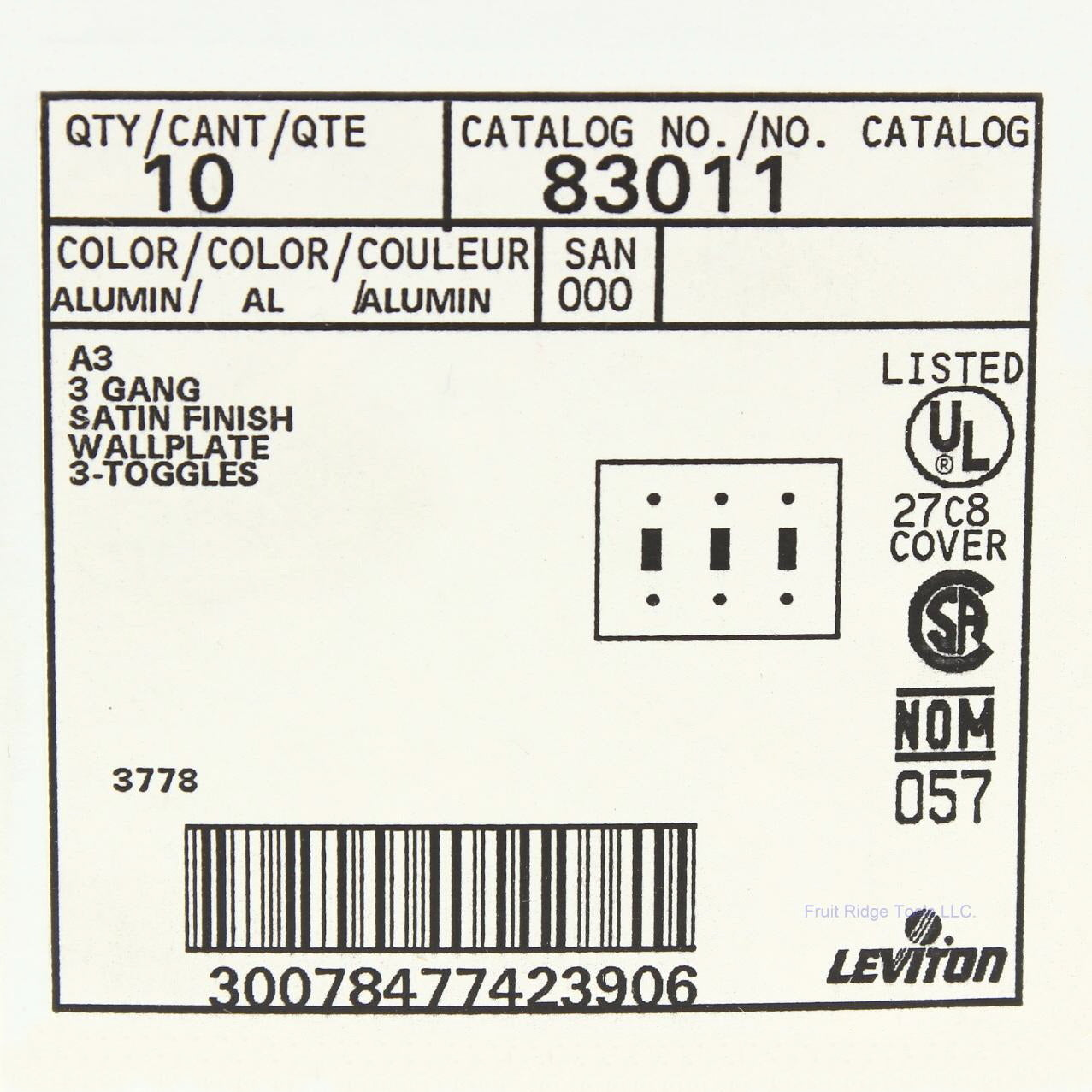 Leviton 83011 Aluminum 3-Gang Toggle Switch Wallplate Satin Finish Covers 10pcs