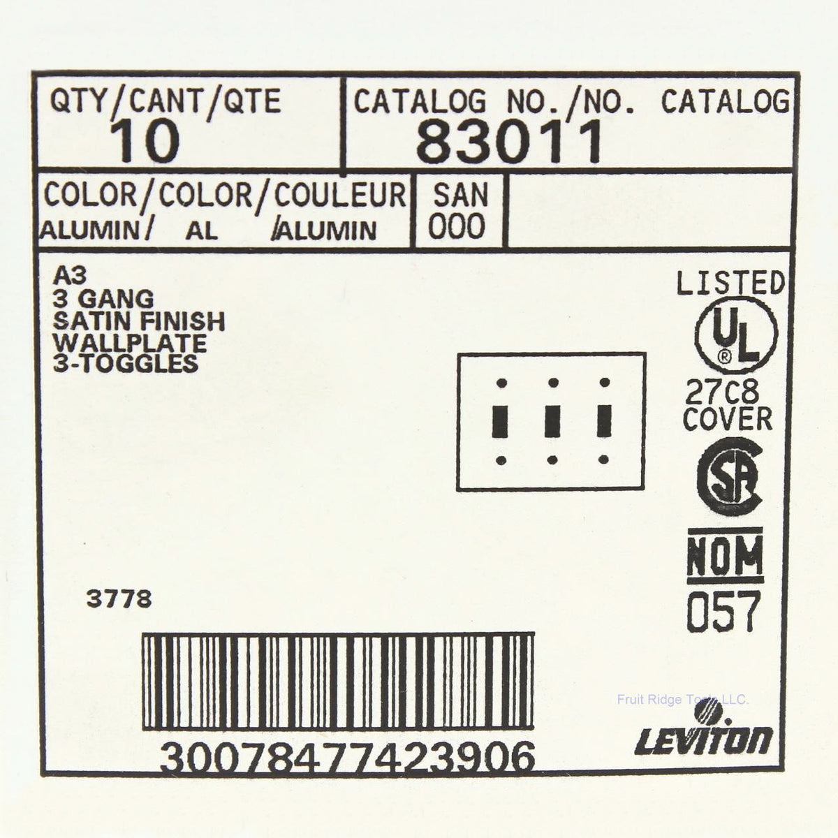 Leviton 83011 Aluminum 3-Gang Toggle Switch Wallplate Satin Finish Covers 10pcs