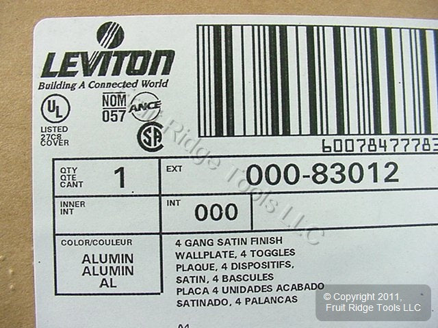Leviton 83012 Aluminum 4-Gang Toggle Aluminum 3004 Alloy .040" Thick Wallplate